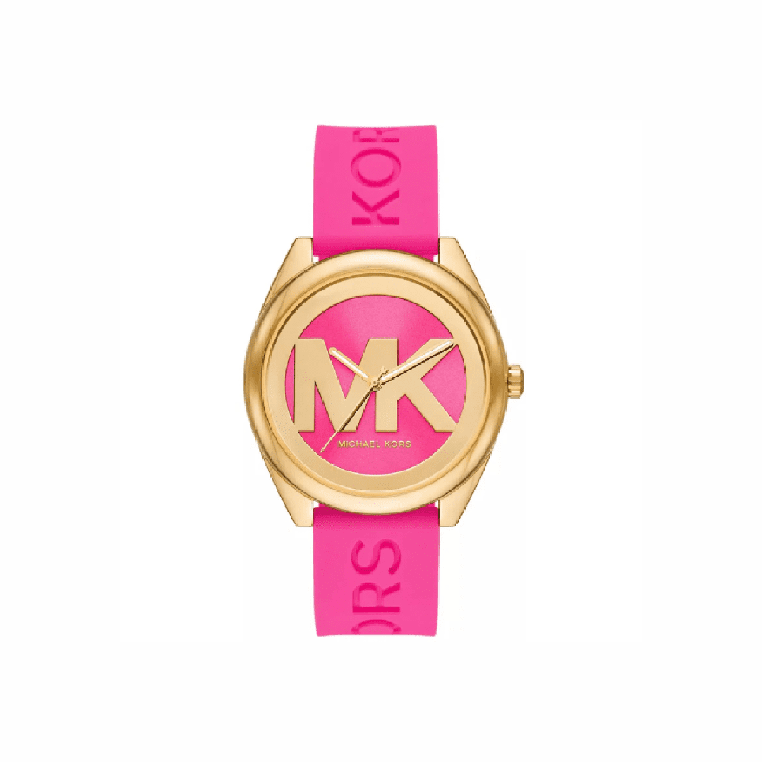 Michael Kors Janelle women's watch with pink dial, gold-tone case, and pink rubber strap