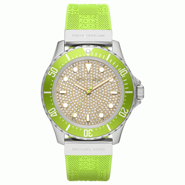 Michael Kors Everest women's watch with crystal-set silver dial, green bezel and green silicone strap
