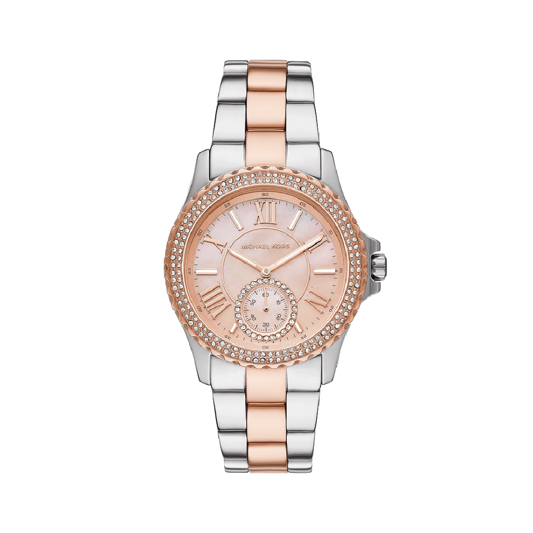 Michael Kors Everest rose gold dial women's watch with crystal bezel and two-tone steel strap