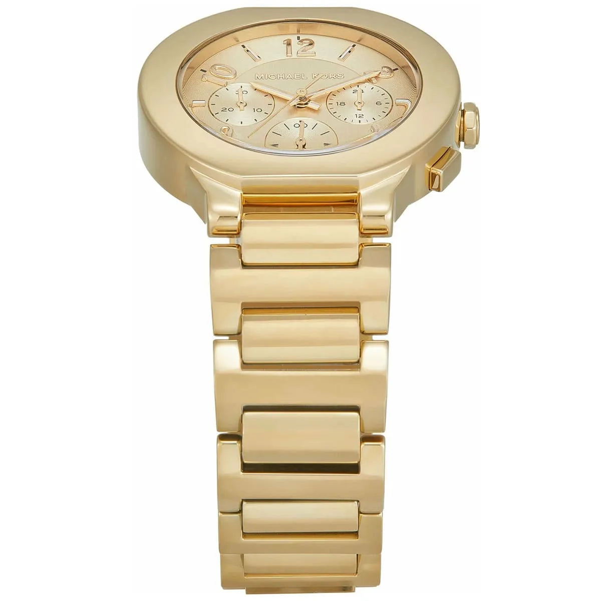 Michael Kors Gramercy chronograph dial detail showing gold numerals and subdials