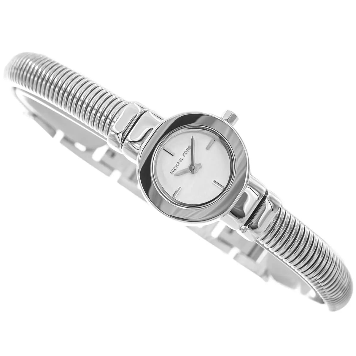 Michael Kors Gramercy watch angled view of dial and stainless steel bracelet