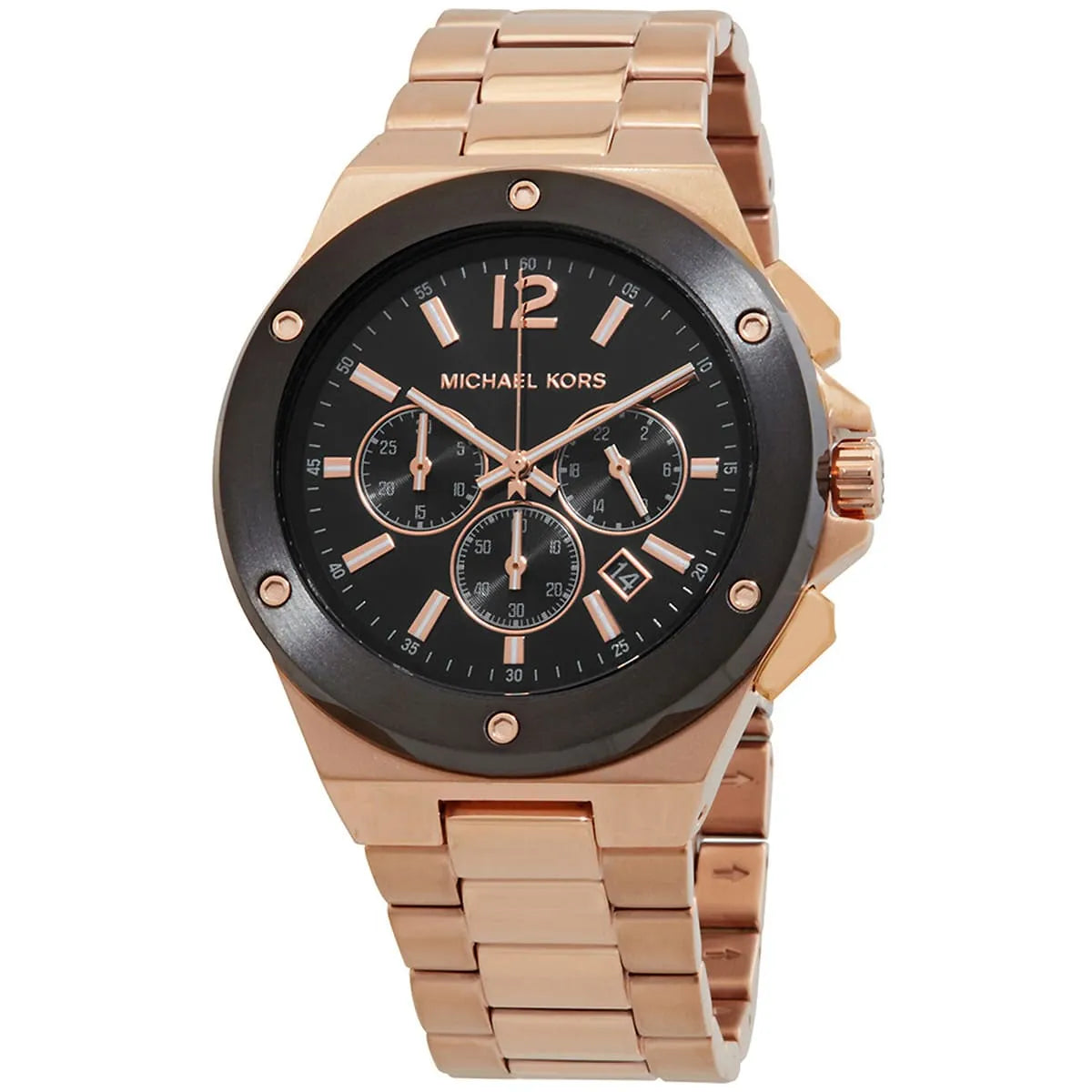 Michael Kors Lennox chronograph watch at three-quarter angle showing case and bracelet detail