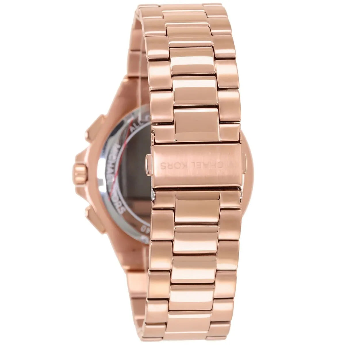 Michael Kors Lennox chronograph watch caseback showing MK logo and rose-gold metal case