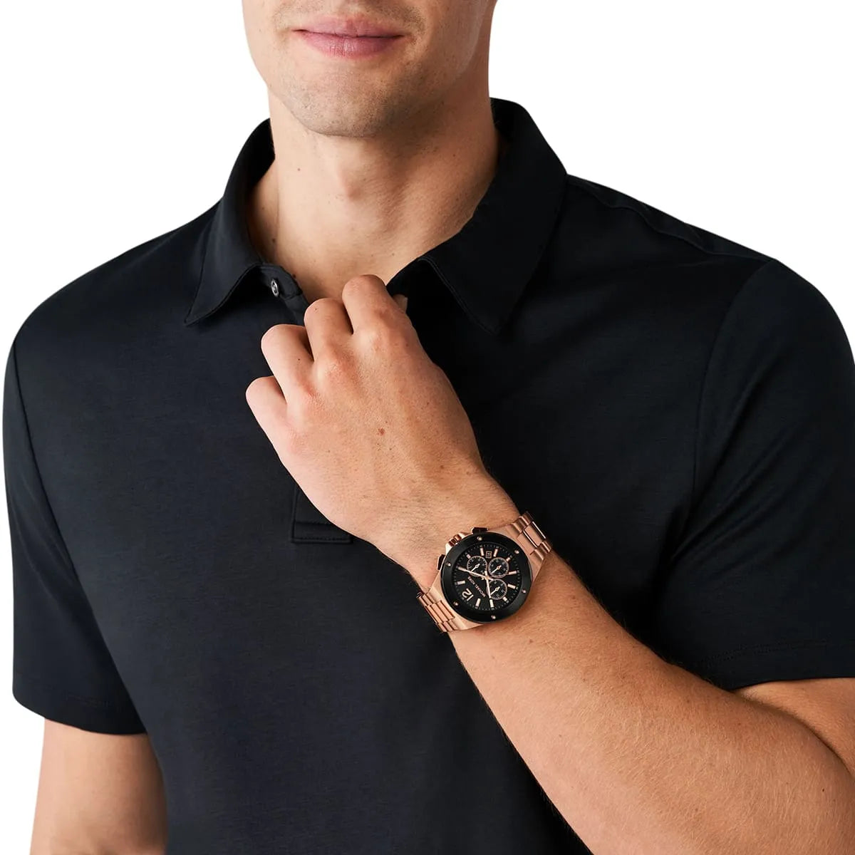 Michael Kors Lennox chronograph watch worn on wrist with black dial visible