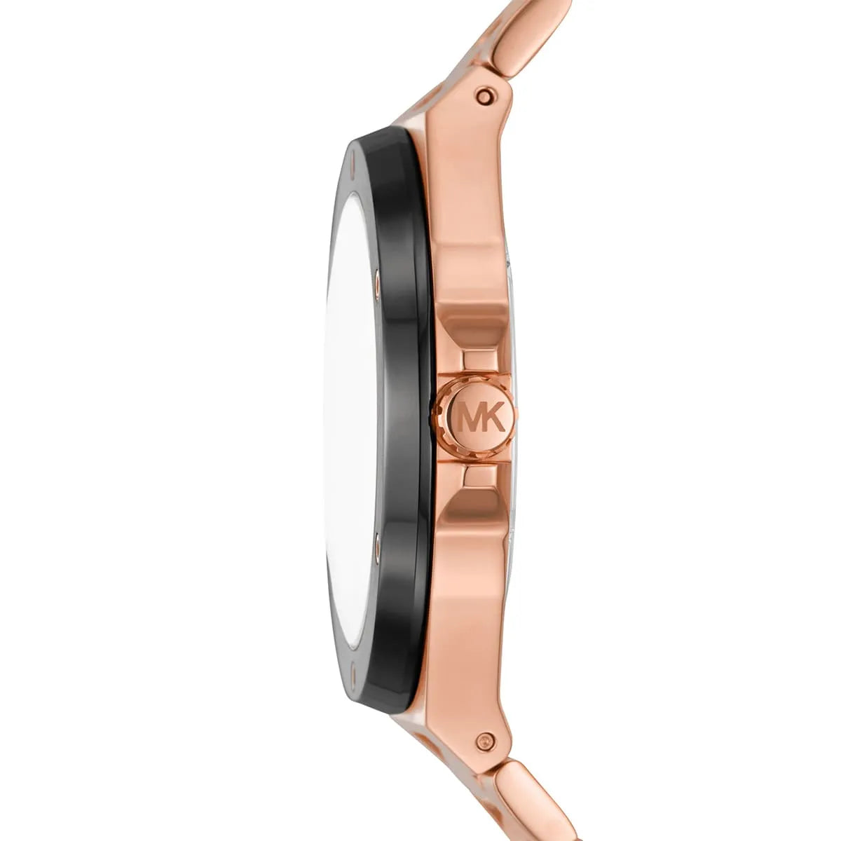 Michael Kors Lennox chronograph watch side view showing case thickness and black bezel