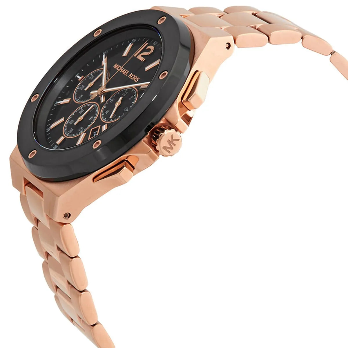 Side view of Michael Kors Lennox chronograph watch displaying rose-gold case profile