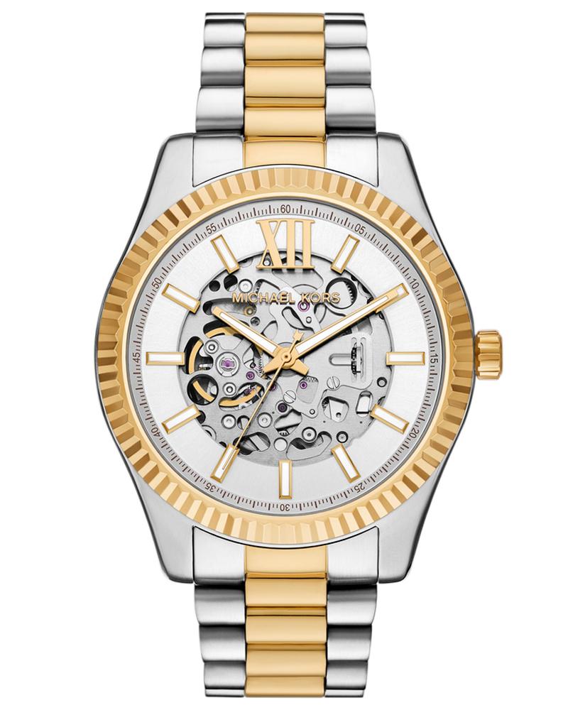 Michael Kors Lexington 45mm two-tone automatic watch with skeleton dial and fluted gold bezel