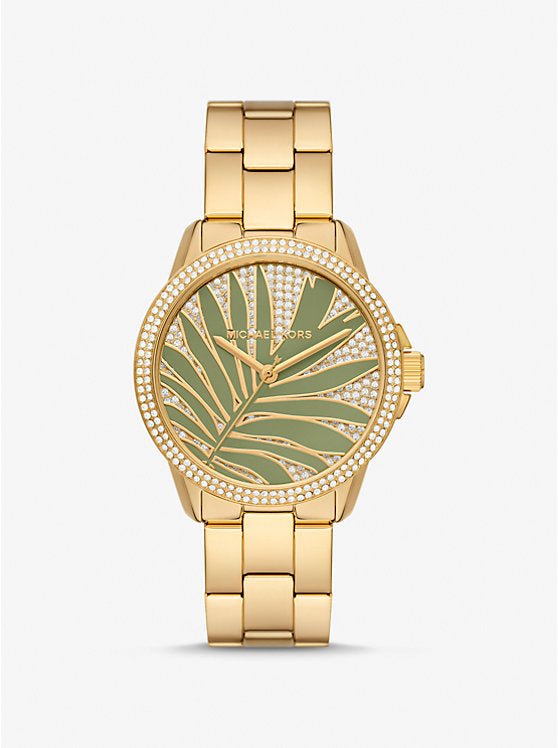 Michael Kors Pyper gold-tone women's watch with crystal bezel and green dial, front view