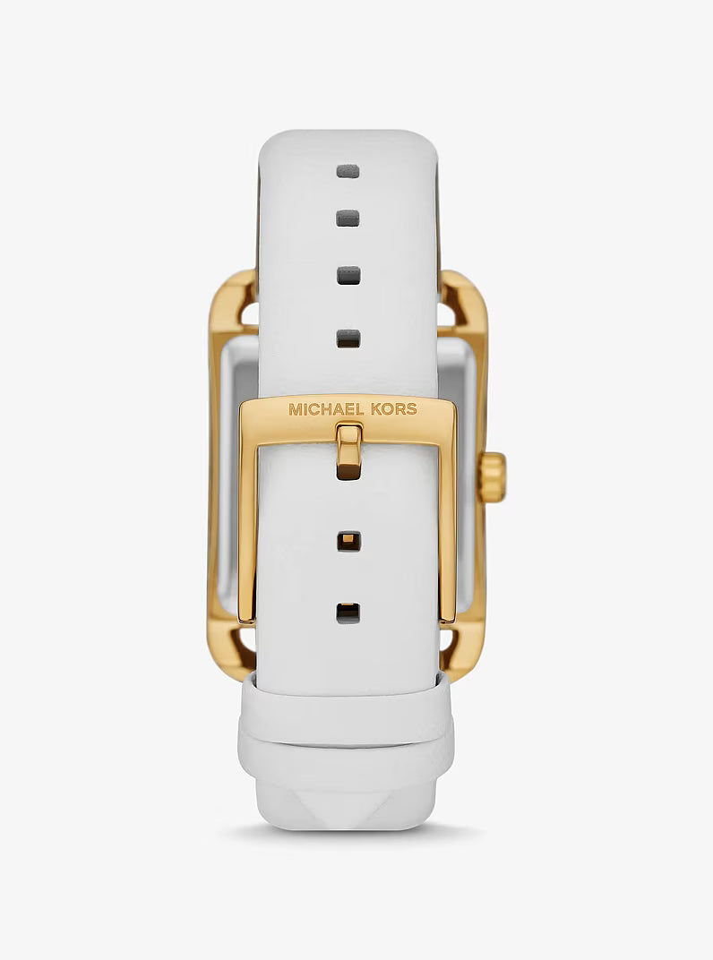 Michael Kors Petite watch case back showing white leather strap and MK logo on gold-tone case