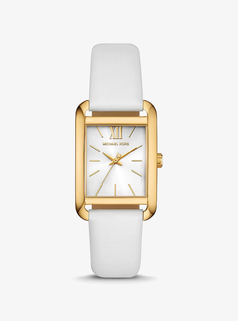 Michael Kors Petite quartz watch with white dial, gold-tone rectangular case, and white leather strap