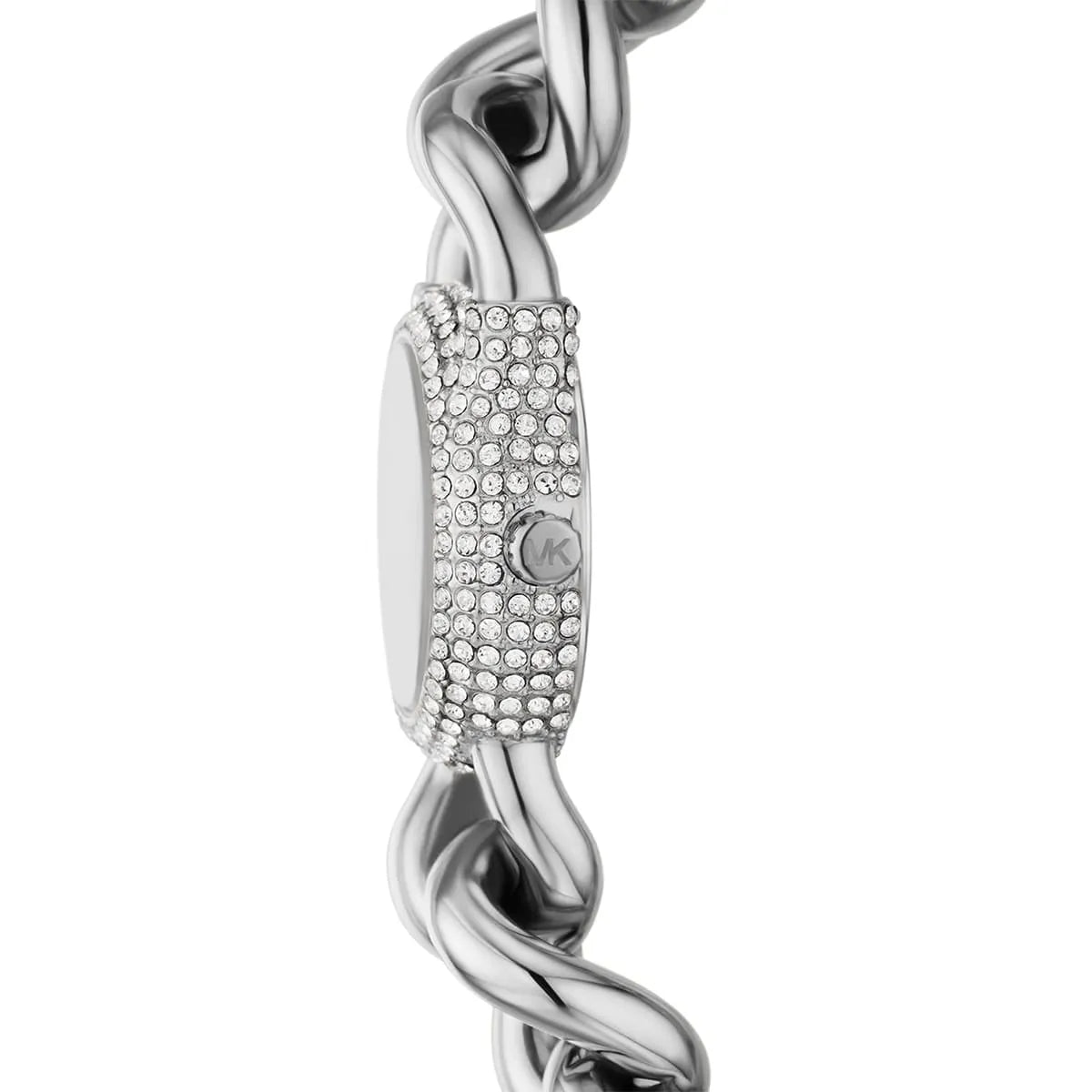 Close-up of Michael Kors Liliane watch case with crystal bezel and MK logo