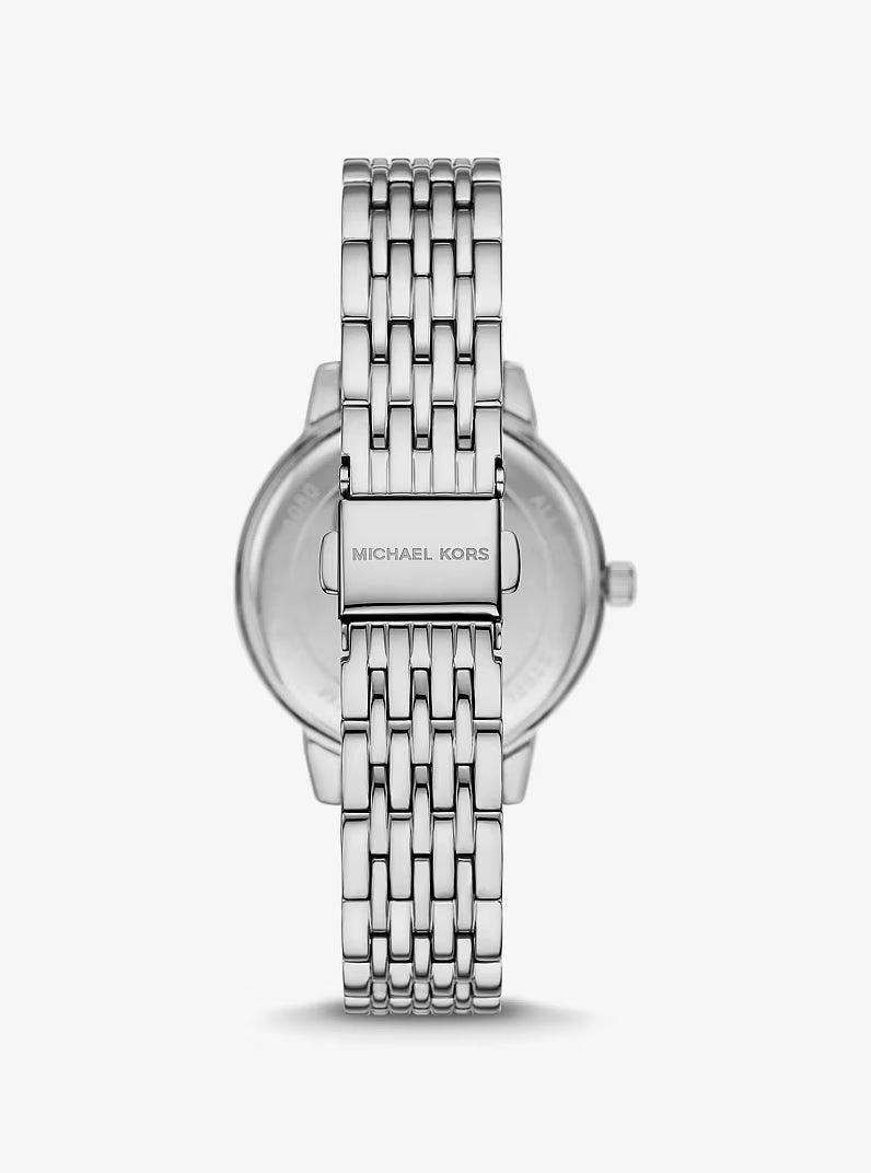 Back view of Michael Kors Melissa Pavé watch with stainless steel link bracelet