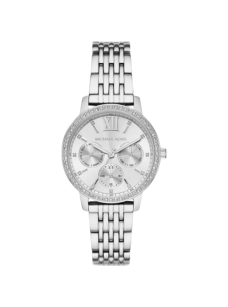 Michael Kors Melissa Pavé silver-tone women's watch with crystal bezel and chronograph dial