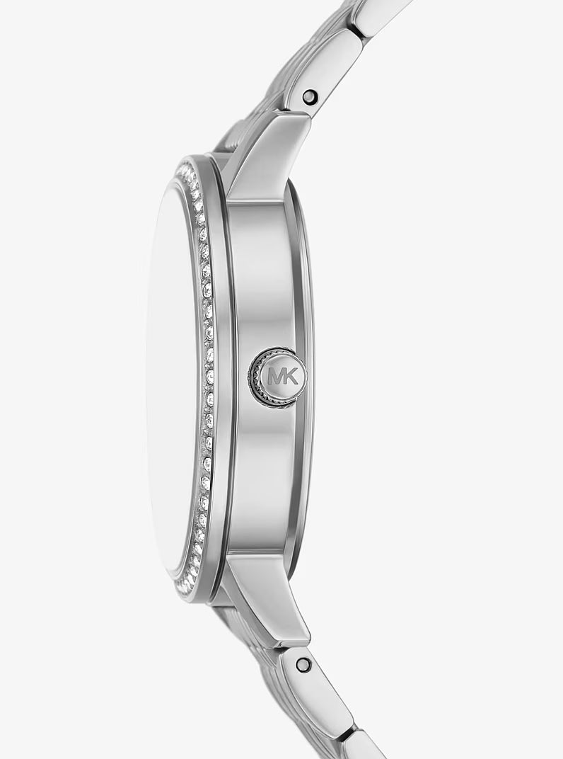 Side view of Michael Kors Melissa Pavé watch showing crystal-bezel case profile