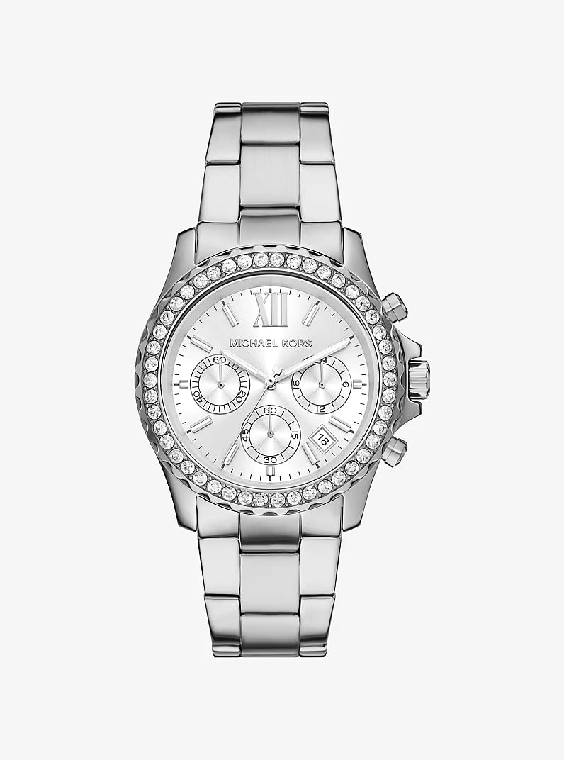 Michael Kors Everest silver-tone women's chronograph watch with diamond bezel and white dial