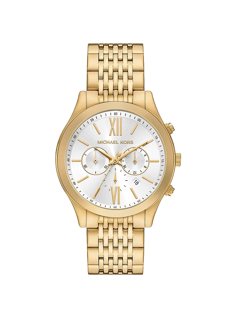 Michael Kors Oversized Everest gold chronograph watch with white dial and Roman numerals