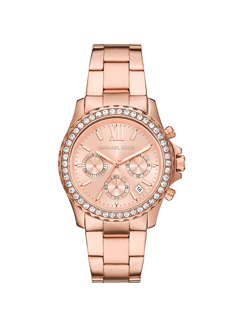 Michael Kors Everest rose gold women's chronograph watch with crystal bezel and rose gold bracelet