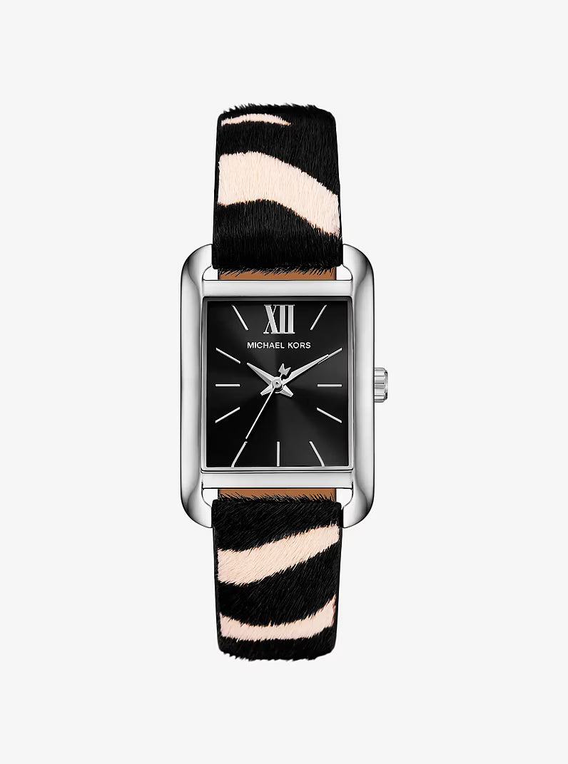 Michael Kors Monroe watch with silver case and black and white zebra print calf hair strap