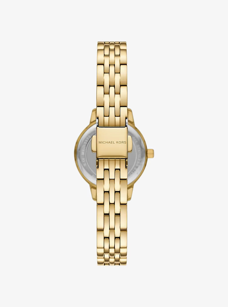 Michael Kors Layton gold chronograph watch caseback and full bracelet view