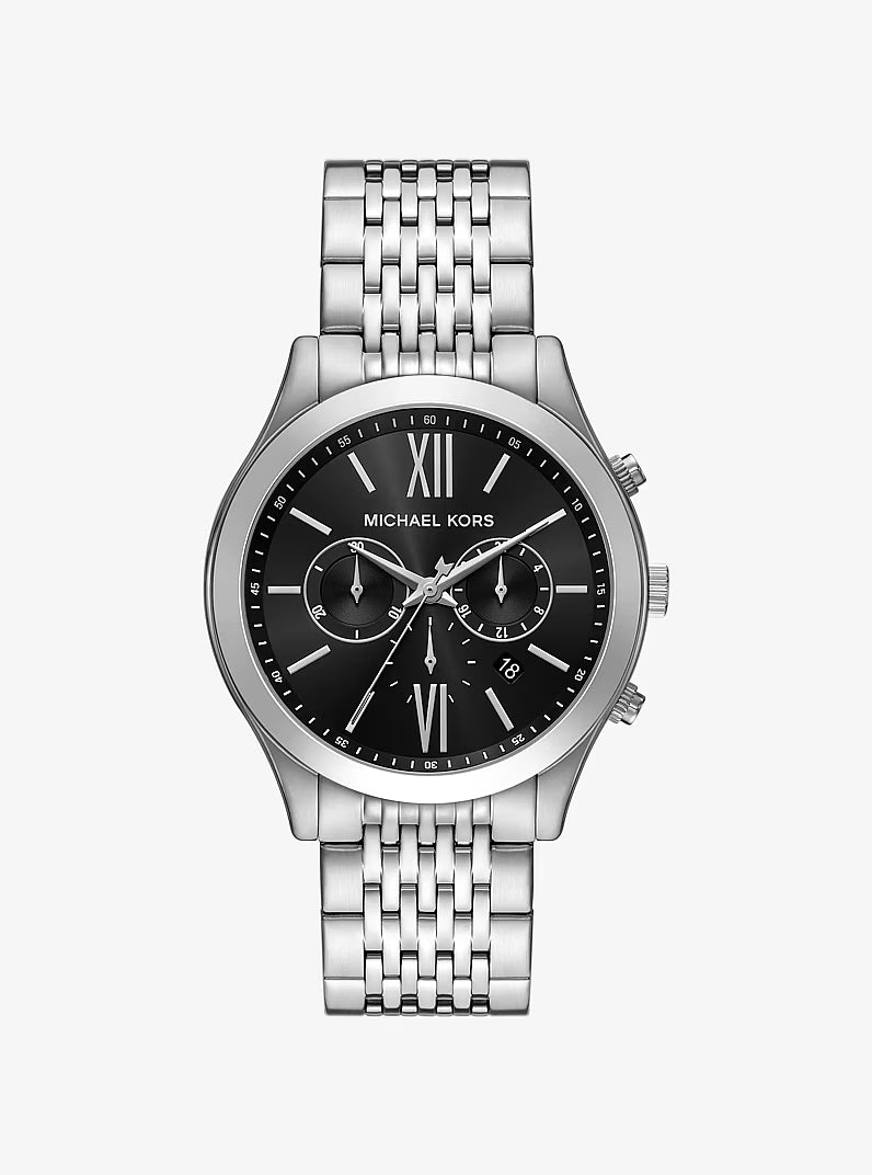 Michael Kors oversized silver-tone chronograph watch with black dial and Roman numerals