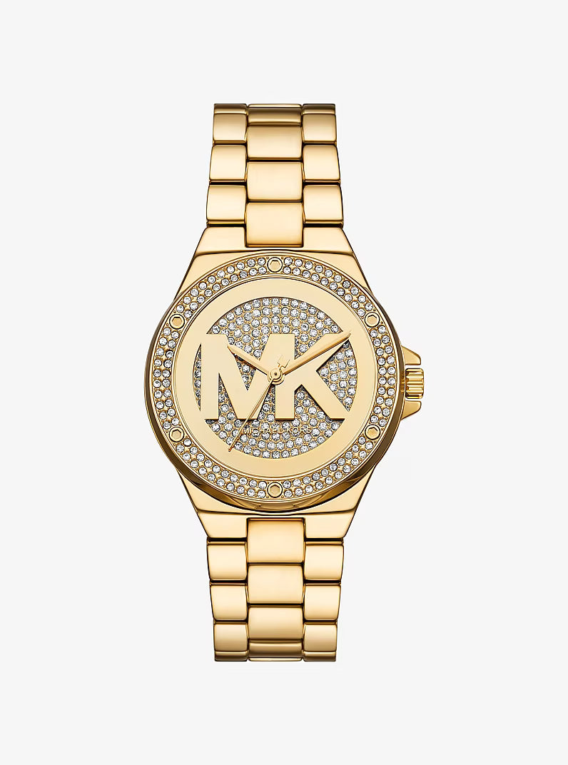 Gold-tone women's watch with pavé crystal bezel and MK logo dial