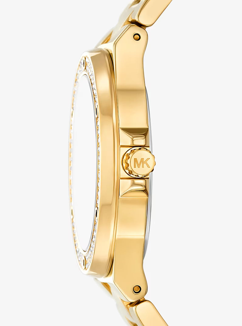 Side profile of gold-tone watch showing pavé bezel, crystal, and bracelet