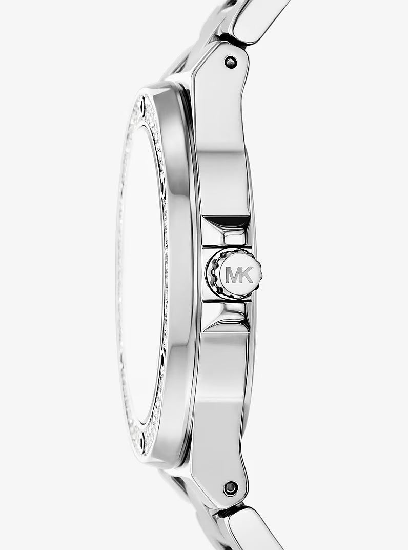 Side view of Michael Kors Lennox watch showing case profile and MK charm on bracelet