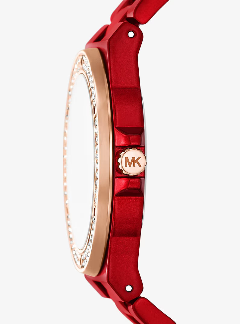 Side profile of Michael Kors Lennox watch showing red-tone case and bracelet with rose gold accents