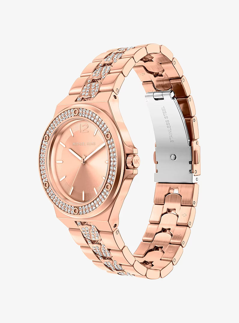 Michael Kors Lennox Pavé watch angled view with rose gold-tone case and pave-set crystal details