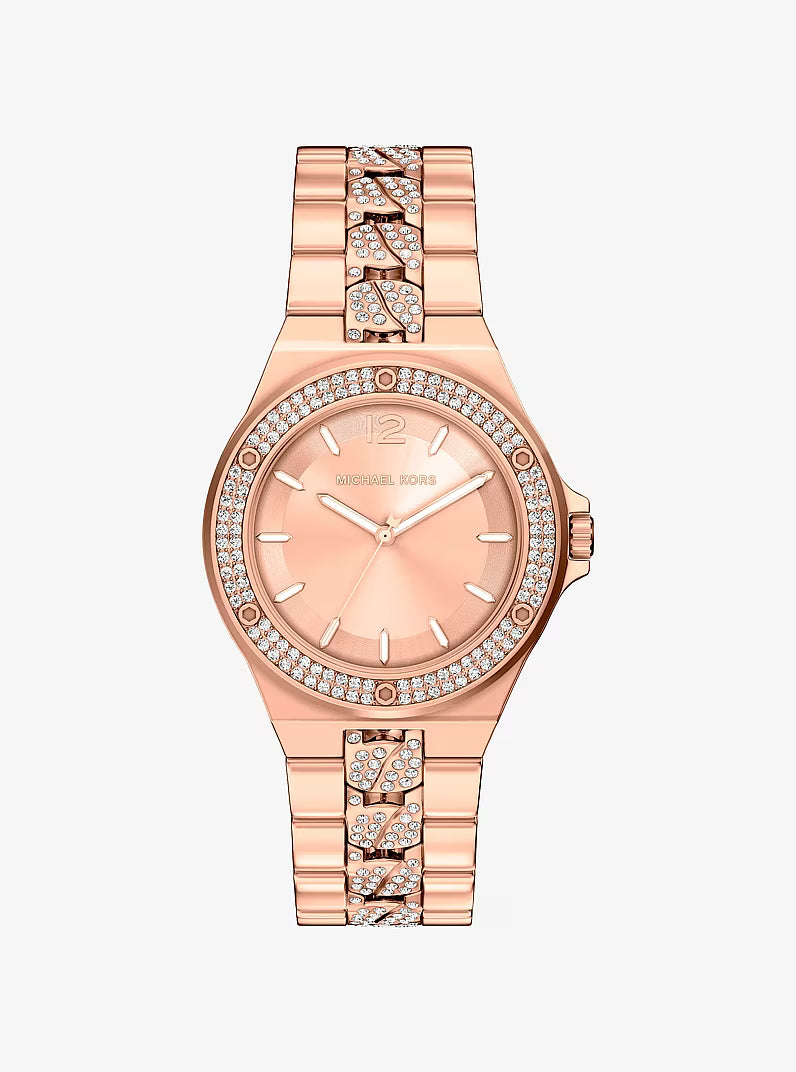 Michael Kors Lennox Pavé rose gold-tone watch with crystal bezel and embellished bracelet