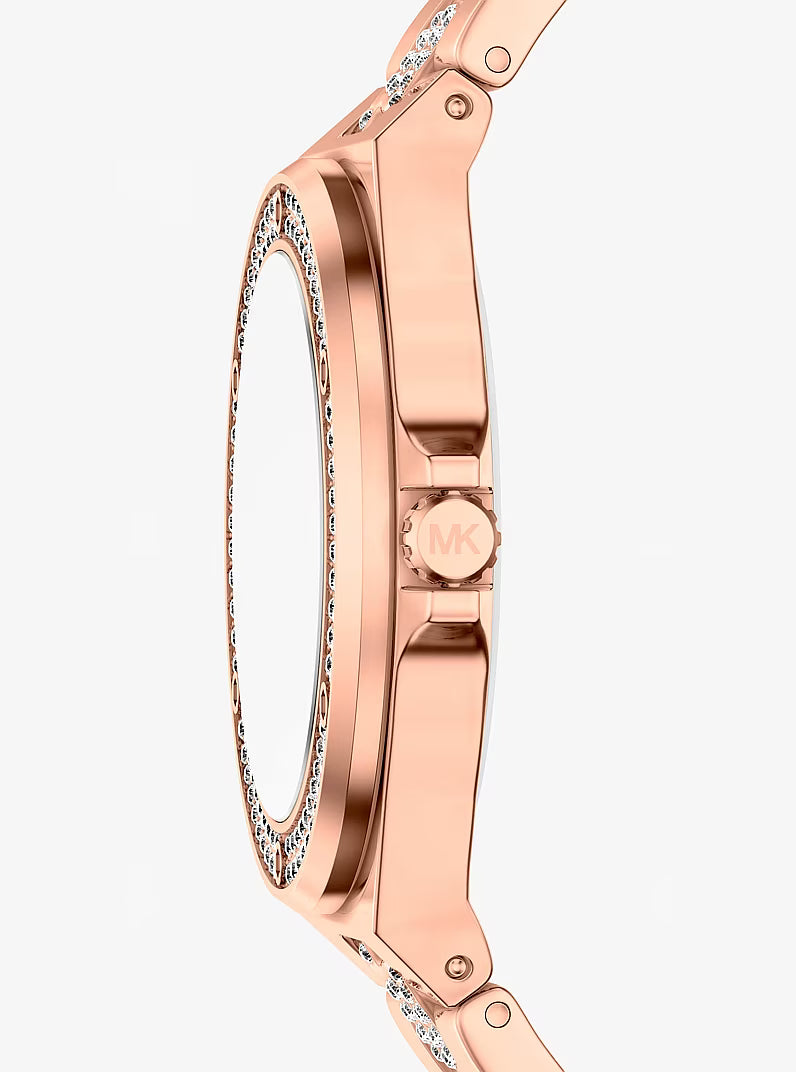 Michael Kors Lennox watch side profile showing crystal-embellished bezel and rose gold case