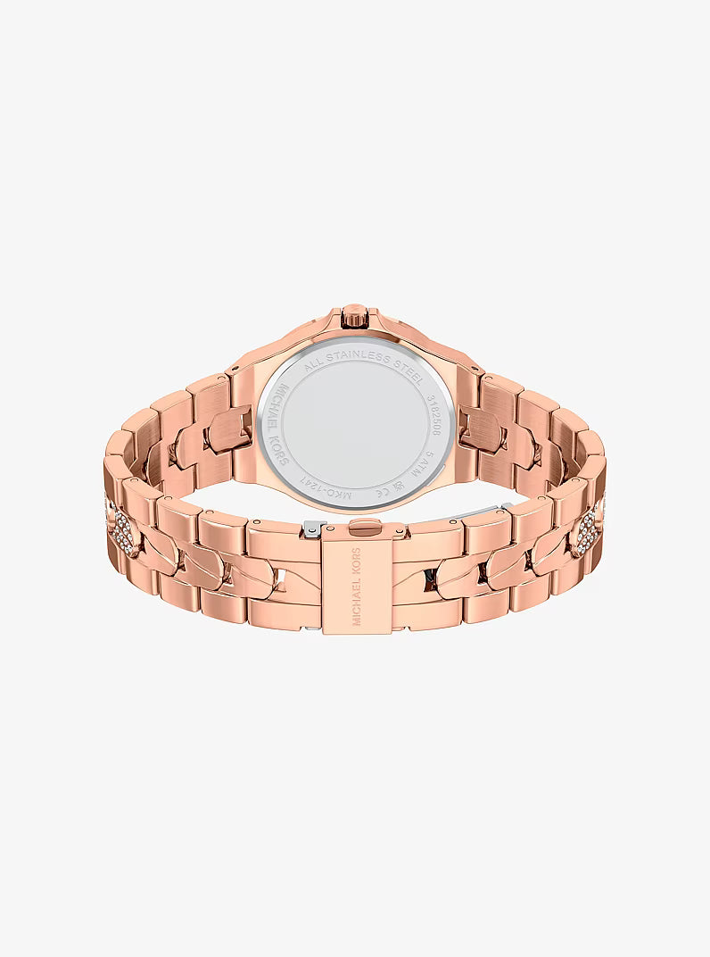 Michael Kors Lennox watch top-down view showing crystal details and rose gold bracelet