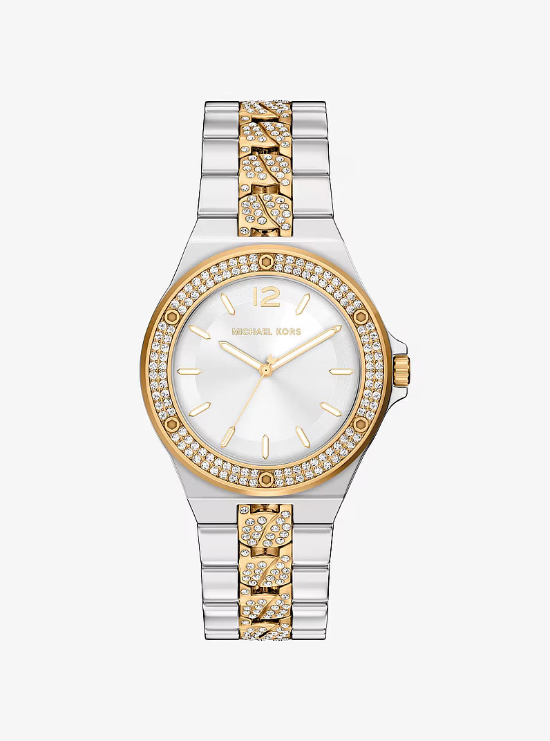 Michael Kors Lennox two-tone women's watch with crystal pavé bezel, silver dial, and mixed metal bracelet