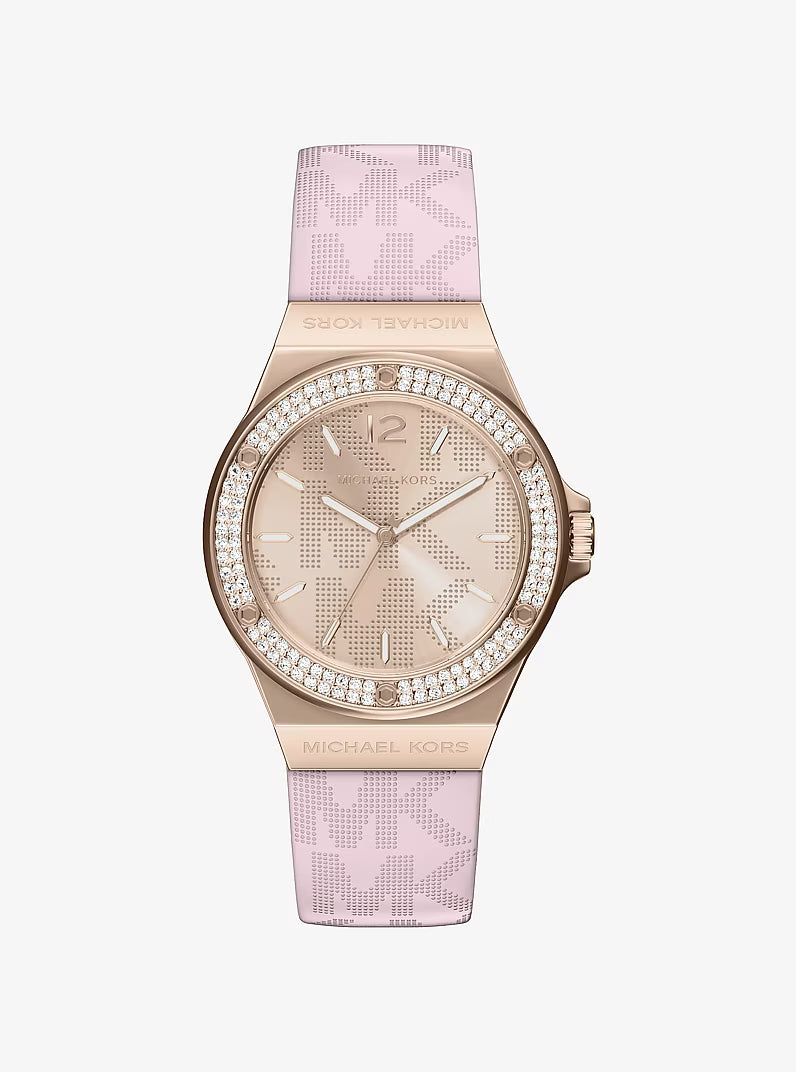 Michael Kors Lennox quartz women's watch with rose gold case, crystal bezel, and pink silicone strap