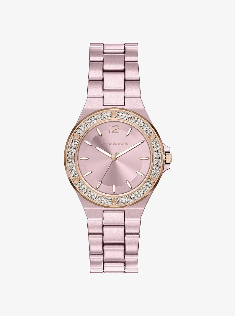Michael Kors Mini Lennox pink-tone women's watch with crystal-accented bezel and link bracelet