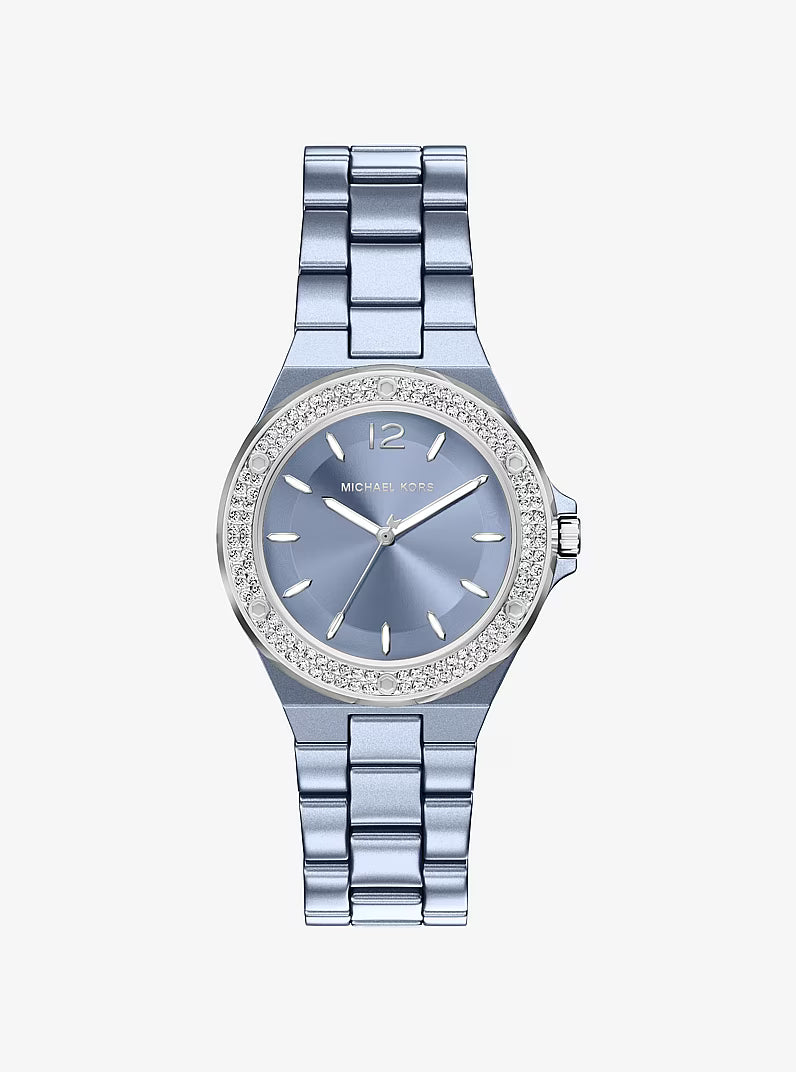 Michael Kors Mini Lennox blue dial watch with pavé crystal bezel and blue-tone steel bracelet