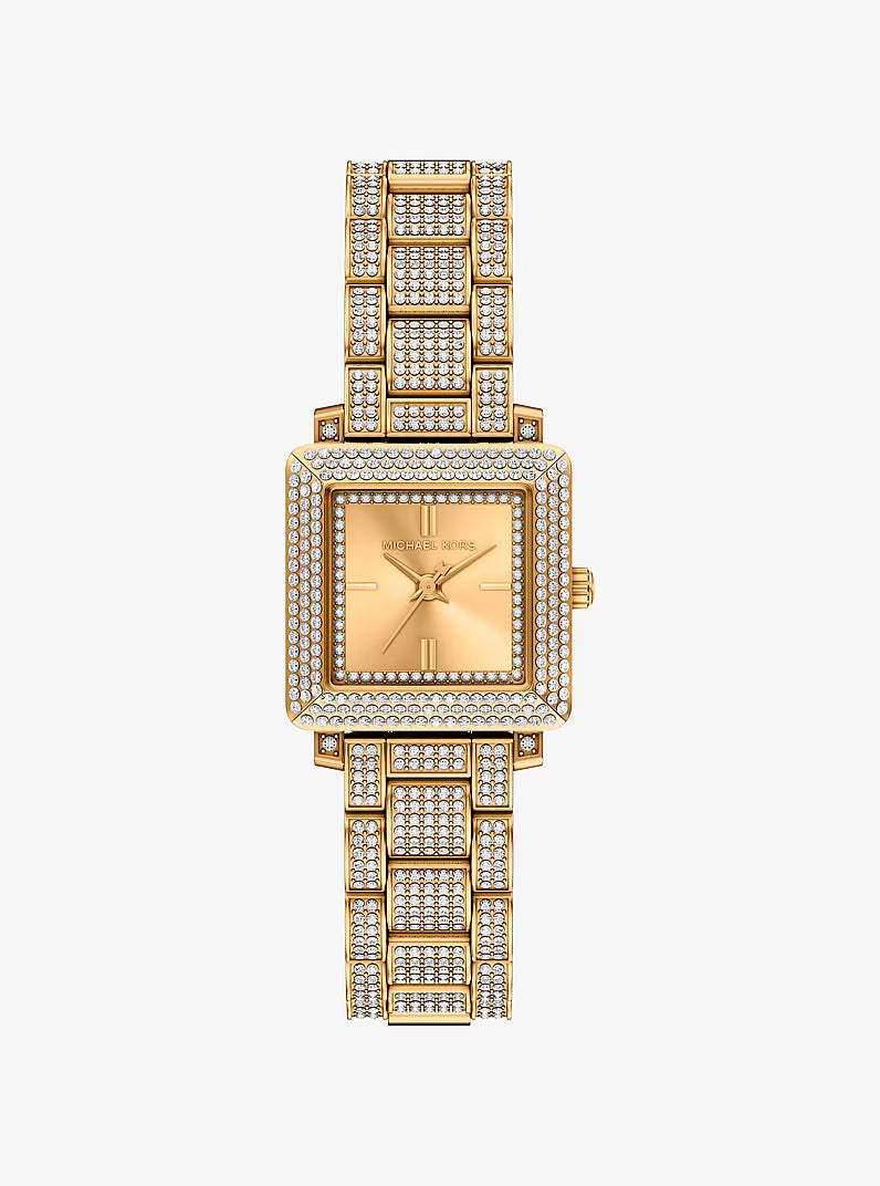 Gold-tone square watch with pavé crystal case and matching bracelet