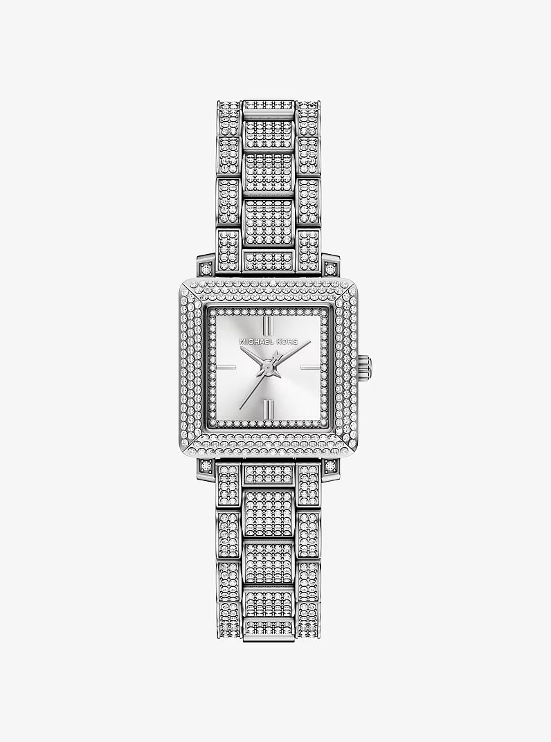 Michael Kors Petite Gwynn silver-tone square watch with pavé crystal bezel and bracelet