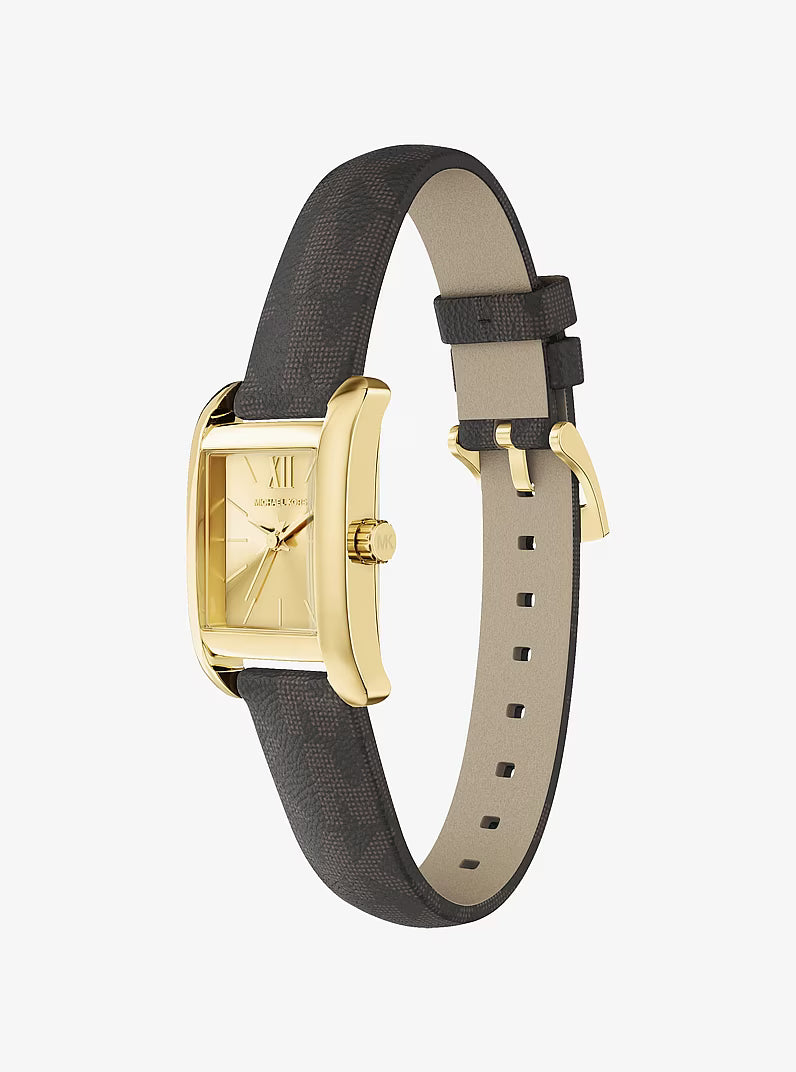 Michael Kors Mini Monroe watch from alternate angle showing rectangular case with gold-tone bezel and strap detail