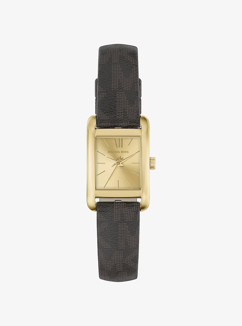 Michael Kors Mini Monroe gold-tone rectangular watch with champagne dial and dark gray fabric strap