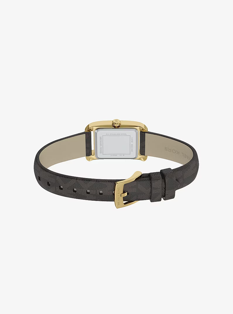 Michael Kors Mini Monroe watch worn on wrist showing champagne dial and dark gray fabric band