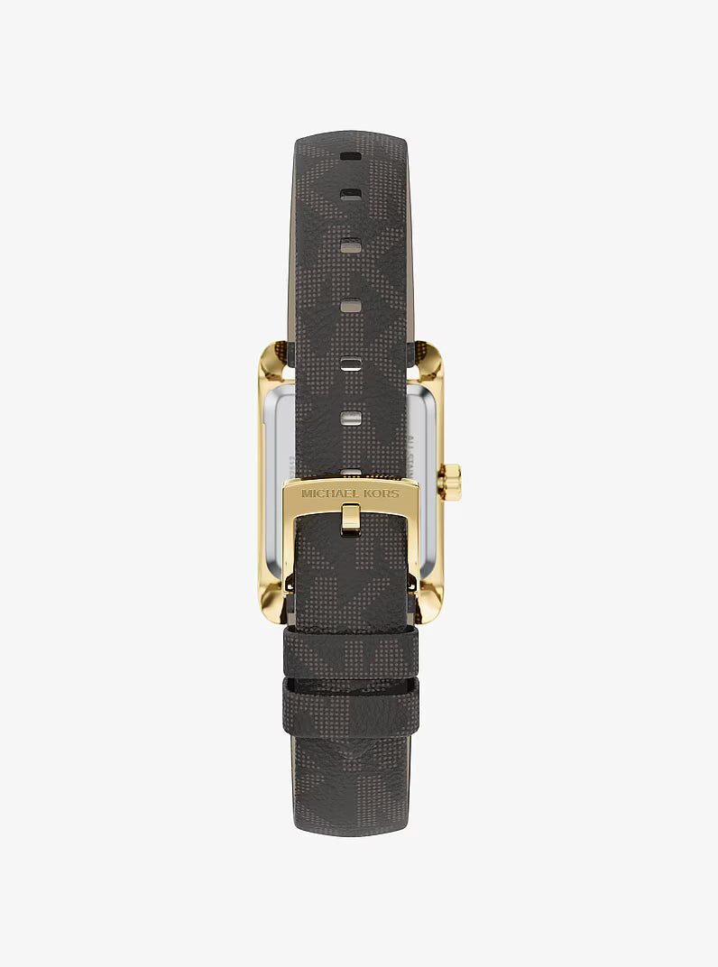 Michael Kors Mini Monroe watch showing dark gray fabric strap with gold-tone hardware and adjustment holes