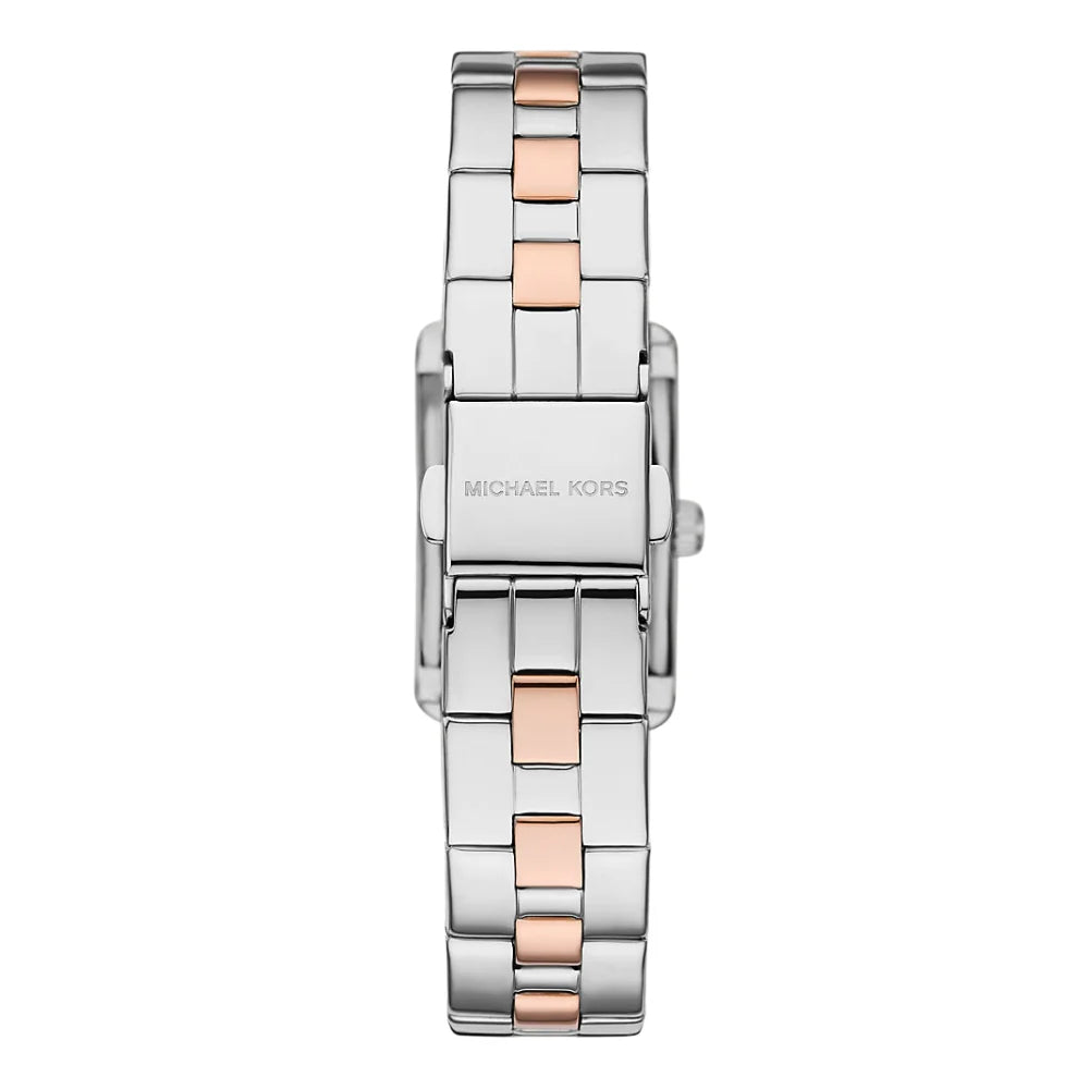 Michael Kors MKO9015 case back showing two-tone silver and rose gold bracelet detail