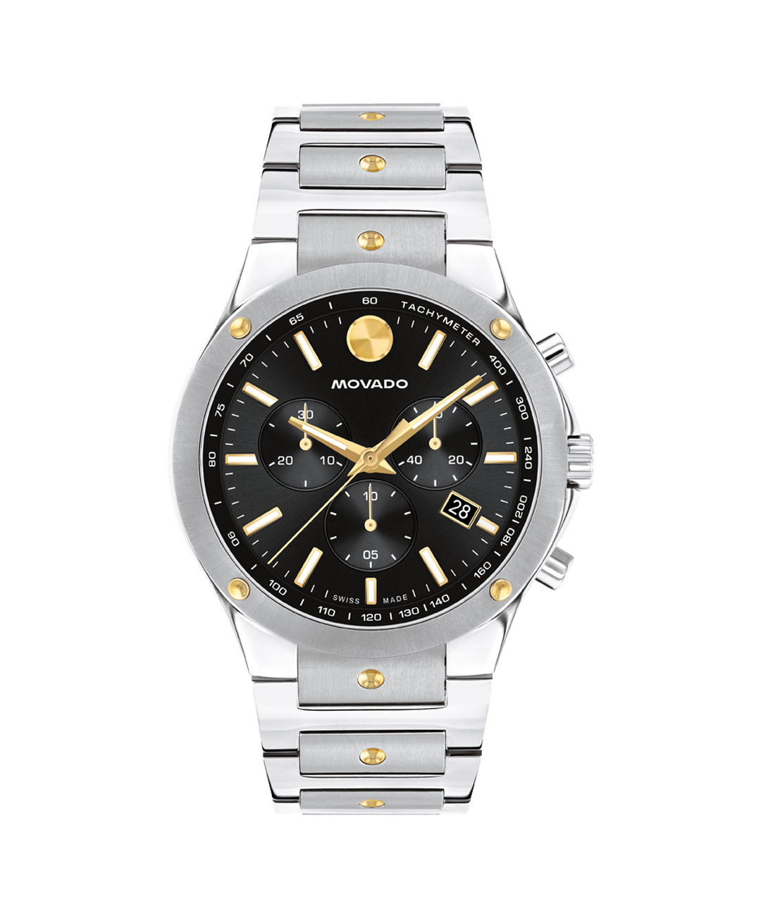 Movado chronograph watch with stainless steel and yellow PVD case, black dial, and date window