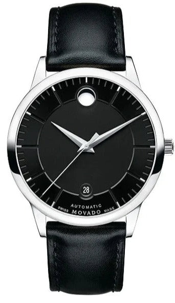 Movado 1881 automatic men's watch with black dial, silver hands, and museum dot bezel