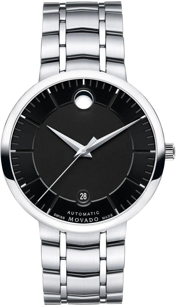 Movado 1881 automatic watch with black dial and stainless steel bracelet
