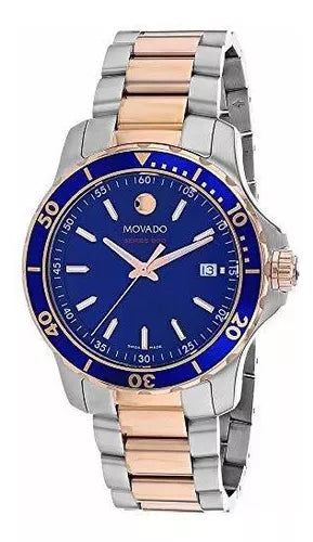 Movado two-tone watch angled view showing steel and rose gold bracelet