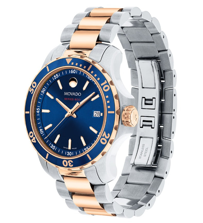 Movado two-tone watch profile showing case thickness and bracelet detail