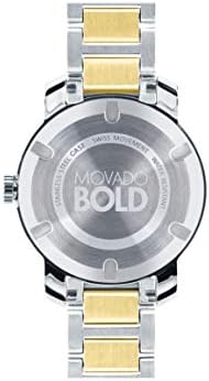 Movado BOLD caseback showing model and brand engraving on stainless steel