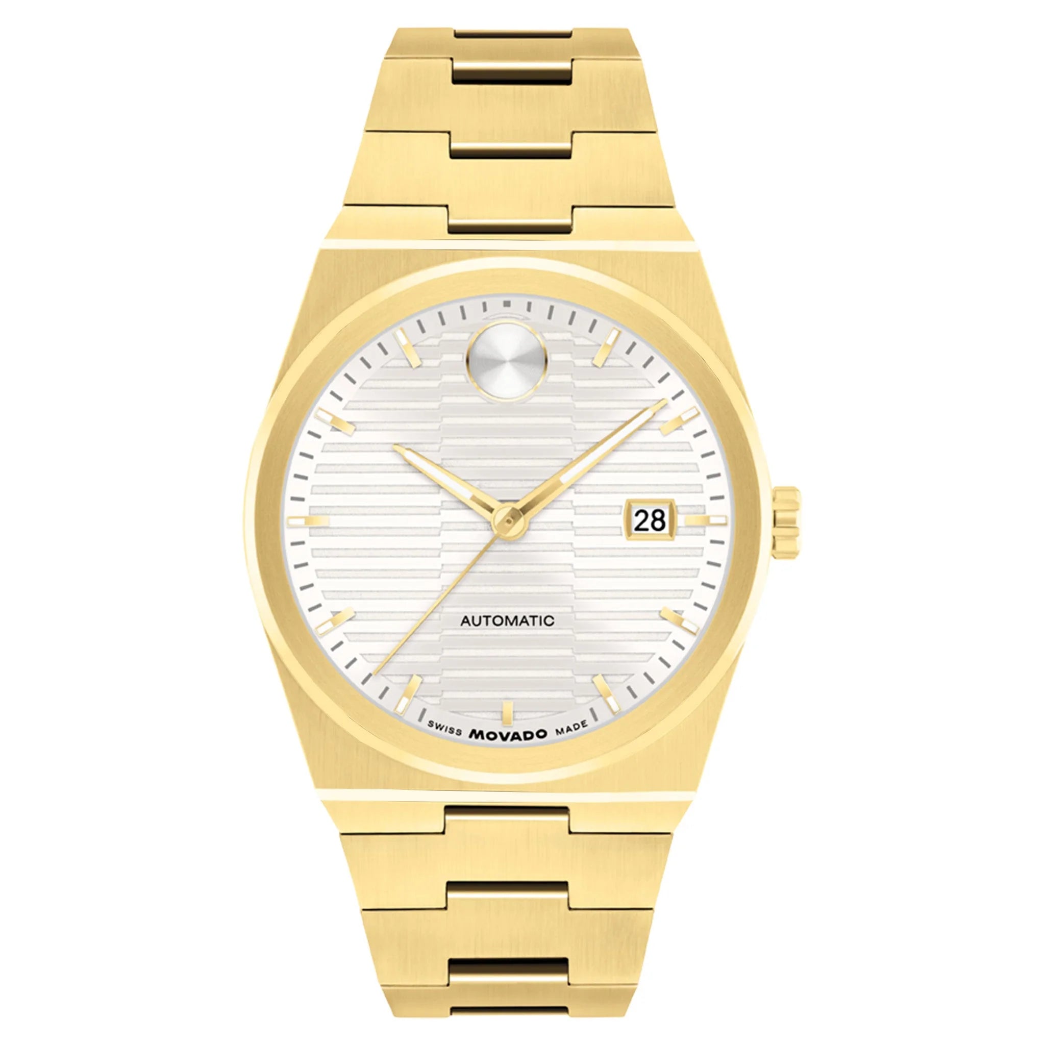 Movado automatic men's watch with gold steel case, white dial, date window and matching bracelet